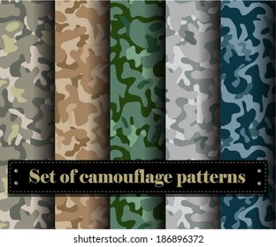 Set of vector camouflage pattern. Set of simple geometric patterns. Abstract seamless patterns with simple geometric elements. Fabric swatches. Design for wrapping paper, web, gift paper, cover. 