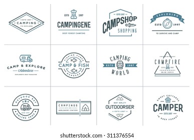 Conjunto de elementos del campamento de acampada vectorial con nombres ficticios e iconos de actividad al aire libre La ilustración puede utilizarse como logotipo o icono en calidad superior
