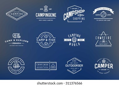 Set of Vector Camping Camp Elements With Fictitious Names and Outdoor Activity Icons Illustration can be used as Logo or Icon in premium quality
