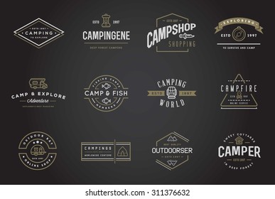 Set of Vector Camping Camp Elements With Fictitious Names and Outdoor Activity Icons Illustration can be used as Logo or Icon in premium quality
