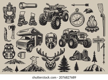 Set of vector camping design elements (deer, flashlight, tent, bonfire, camping, compass, SUV) on light background.