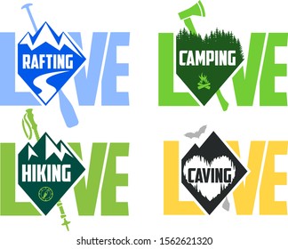 set of vector camping, hiking, caving and rafting emblems labels