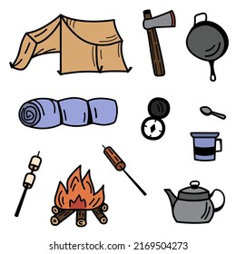 Set of vector camping, hiking isolated elements. Summer hand drawn stickers tent, campfire, kettle, compass, axe.