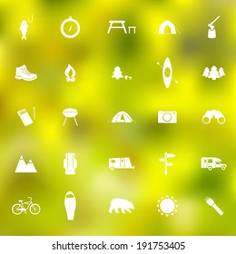Set of vector camping icons on beautiful blur background. Outdoor activity simbols drawn in detailes in vector. Tent, trailer, camper, sleeping bag, fire, grill, mountain, forest, bear, fish
