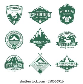 Set of vector camping and outdoor activity logo. Tourism and hiking labels. 