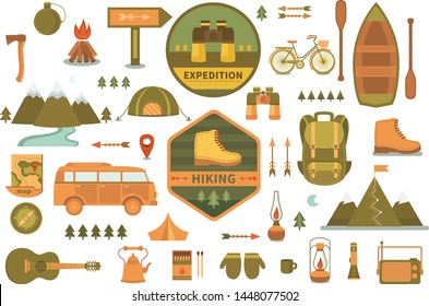 Set of vector camping tools. Camping logos and badges. Adventure outdoors collection elements: minibus, boat, mountains, backpack, binoculars, compass, guitar. Activity and travel vector icons.