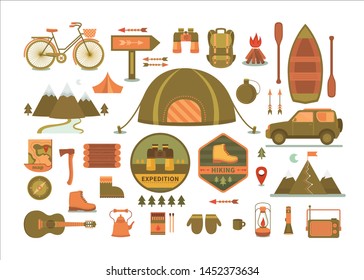 Set of vector camping tools. Camping logos and badges. Adventure outdoors collection elements: minibus, boat, mountains, backpack, binoculars, compass, guitar. Activity and travel vector icons.