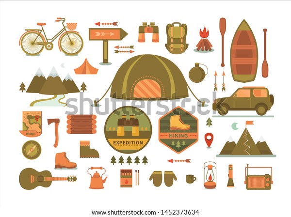 Set of vector camping tools. Camping logos and
badges. Adventure outdoors collection elements: minibus, boat,
mountains, backpack, binoculars, compass, guitar. Activity and
travel vector icons.