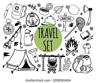 Set of vector camping and tourism icons. Hand-drawn hiking elements on a white background. A sketch of tourist equipment and tools. Collection of monochrome line art. A group of doodles.