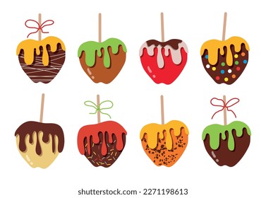 Set of vector candied apples in caramel. Isolated apples - sweets in chocolate, caramel and toffee.