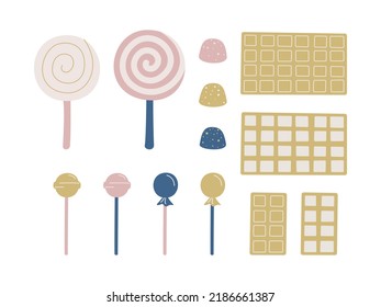 Set of vector candies illustrations. Collection of multicolor stylish lollipop, chocolate and marmalade icons.