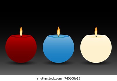 Set of vector candle in red, blue and white color with fire on black background. 