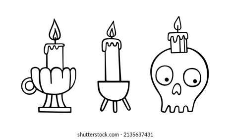 A set of vector candlesticks for Halloween. Cute cartoon skull with a burning candle, an antique metal candlestick with a handle, a long candle in a holder. Hand-drawn illustrations in doodle style.