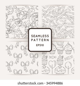 Set of Vector Candy, Bows, Hearts and Muffins Seamless Patterns. Sweet Party Texture.