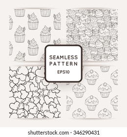 Set of Vector Candy, Bows and Muffins Seamless Patterns. Sweet Party Texture.