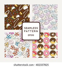 Set of Vector Candy, Bows and Muffins Seamless Patterns. Sweet Party Texture. Buns, donuts