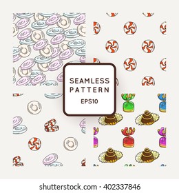 Set of Vector Candy, Bows and Muffins Seamless Patterns. Sweet Party Texture. Buns, donuts
