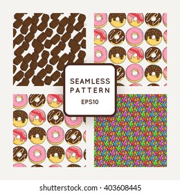 Set of Vector Candy, Bows and Muffins Seamless Patterns. Sweet Party Texture. Buns, donuts, sweet icing and jelly beans.