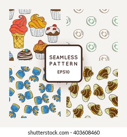 Set of Vector Candy, Bows and Muffins Seamless Patterns. Sweet Party Texture. Buns, donuts, sweet icing and jelly beans.