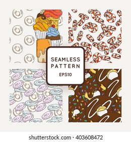 Set of Vector Candy, Bows and Muffins Seamless Patterns. Sweet Party Texture. Buns, donuts, sweet icing and jelly beans.