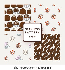 Set of Vector Candy, Bows and Muffins Seamless Patterns. Sweet Party Texture. Buns, donuts, sweet icing and jelly beans.