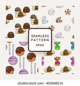 Set of Vector Candy, Bows and Muffins Seamless Patterns. Sweet Party Texture. Buns, donuts, sweet icing and jelly beans.