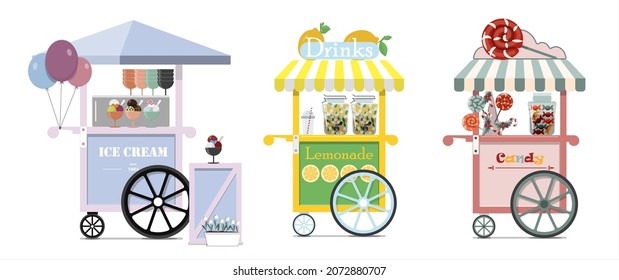 Set of vector candy cart, ice cream and lemonade carts. Vector flat illustration of a street fast food. Point of sale of ice cream, lemonade, Gelato and milkshakes. Cold desserts for children. Wooden