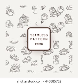 Set of Vector Candy, Cookie and Muffins Seamless Patterns. Sweet Party Texture. Buns and jelly beans.
