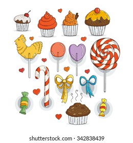 Set of Vector Candy and Muffins Icons. Cakes, Sweets, Lollipops, Bows.