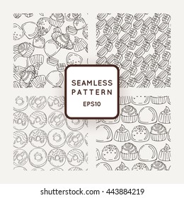 Set of Vector Candy and Muffins Seamless Patterns. Sweet Party Texture. Buns, donuts and jelly beans.