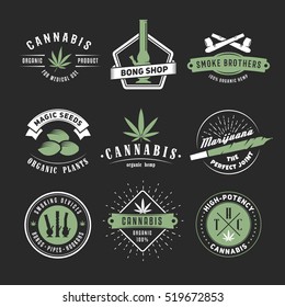 Set of vector cannabis badges. Medical marijuana labels on a black background. Logos with  hemp leaves, joints, and smoking devices