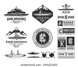 Set of vector canoeing and kayaking logo, badges and design elements. Water sport, recreation, canoeing and kayaking design concepts