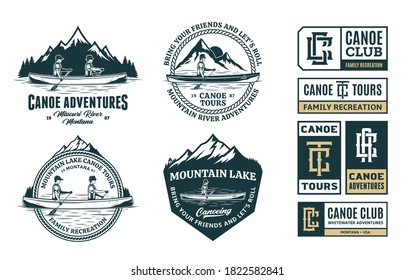 Set of vector canoeing logo, badges and design elements. Water sport, recreation and canoeing design concepts