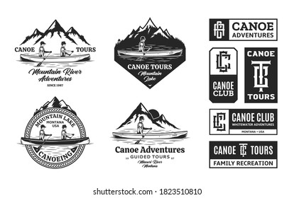 Set of vector canoeing logo, badges and design elements. Water sport, recreation, canoeing, kayaking, rafting design concept