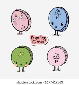 Set of vector cap characters hand drawn in cartoon doodle style smiling. Can be used for recycling broshure, tshirt, cup print, eco festival, sorting center poster.