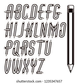 Set of vector capital alphabet letters isolated created using stationery design, constructed with pencils. For use in reporting and journalism.