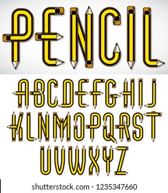 Set of vector capital alphabet letters isolated created using stationery design, constructed with pencils. For use in reporting and journalism.