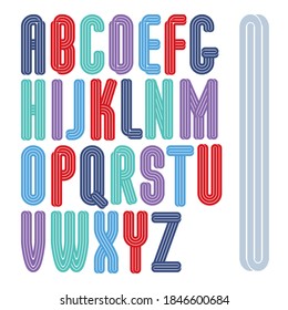 Set of vector capital tall funky alphabet letters isolated with parallel lines, can be used for logo creation in entertainment business.
