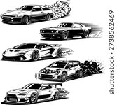 Set of Vector Car Illustrations Featuring JDM Classics Muscle Cars and Rally Racing