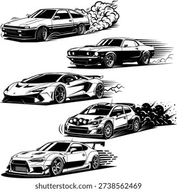 Set of Vector Car Illustrations Featuring JDM Classics Muscle Cars and Rally Racing