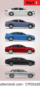 set of vector car models in color (part 1). Jaguar top-down: XF second generation, XF, XFR-S, XFR in 1st generation, XJ (X351),XJ (X350).