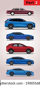 set of vector car models in color (part 2).  Top-down Jaguar XJ( X308), F-Pace, F-Type, E-Pace, XE, XK (XKR).