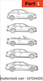 set of vector car models. Outline drawing. Audi ( top-down) A1,A3,S3,A4,A5.