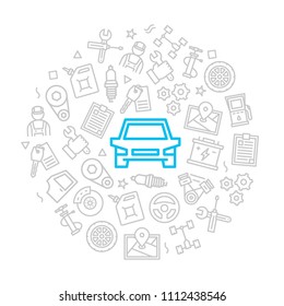 Set of vector car service and auto repair icons in circle design concept. Illustration for presentations on white background