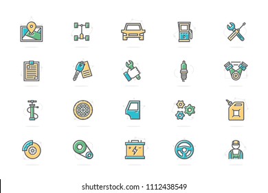 Set of vector car service and auto repair colored line icons. Route map, undercarriage, automobile, oil station, wrench, screwdriver, clipboard, key, spark plug, motor, mechanic, pump, wheel, gear