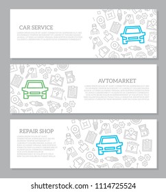 Set of vector car service and auto repair horizontal banners with icon pattern. Vector illustration