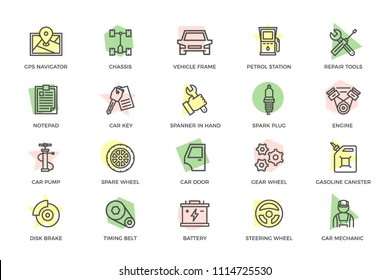 Set of vector car service and auto repair colored line icons with titles. Route map, undercarriage, automobile, oil station, wrench, screwdriver, clipboard, key, spark plug, motor, mechanic, pump