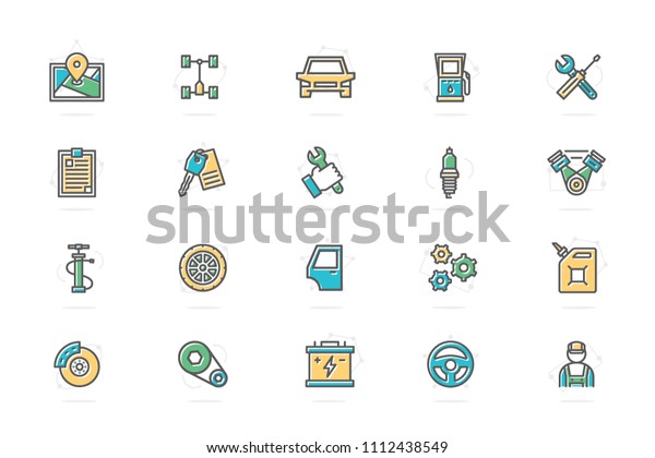Set of vector car service and auto repair colored\
line icons. Route map, undercarriage, automobile, oil station,\
wrench, screwdriver, clipboard, key, spark plug, motor, mechanic,\
pump, wheel, gear