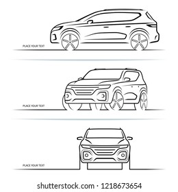 Set of vector car silhouettes, outlines, contours. Front, side and perspective view of SUV vehicle