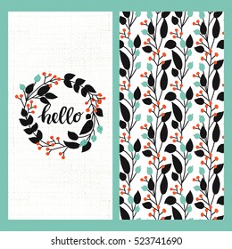 set with vector card with flower circle frame and hand drawn word hello and seamless vector flower pretty pattern